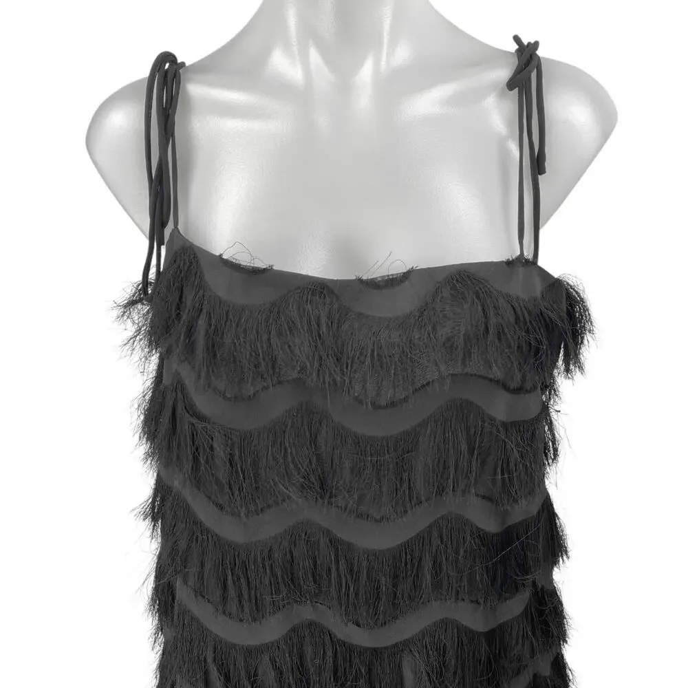 Zara Black Sleeveless Tie Strap Fringe Tiered Cami Tank Mini Shift Dress Size L